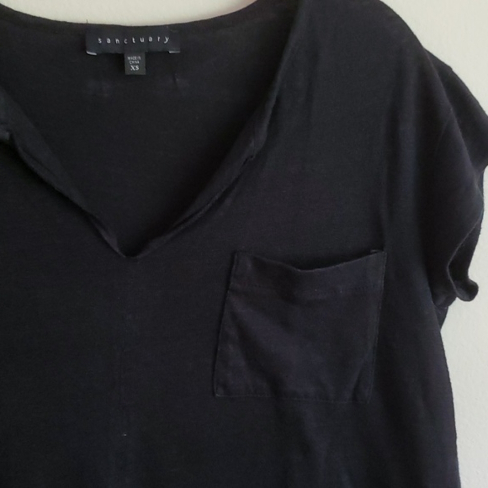 SANCTUARY Linen V-neck T-shirt Top, Cap Sleeves Black, XS